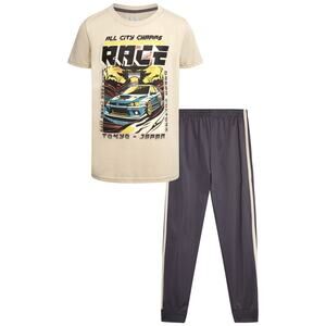 NEW Pro Athlete Boys 2 Piece Set Tshirt and Pants Beige and Gray Racing Size 8